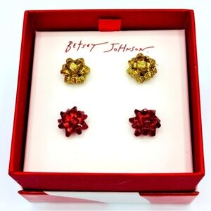 Betsey Johnson Gold and Red Bow Earrings Set Of 2 NWT In Box